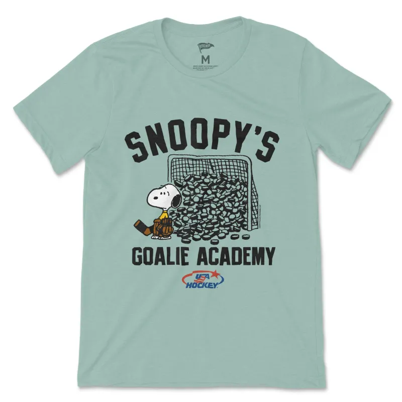 Peanuts x USA Hockey Snoopy's Goalie Academy Tee sold by Streaker Sports