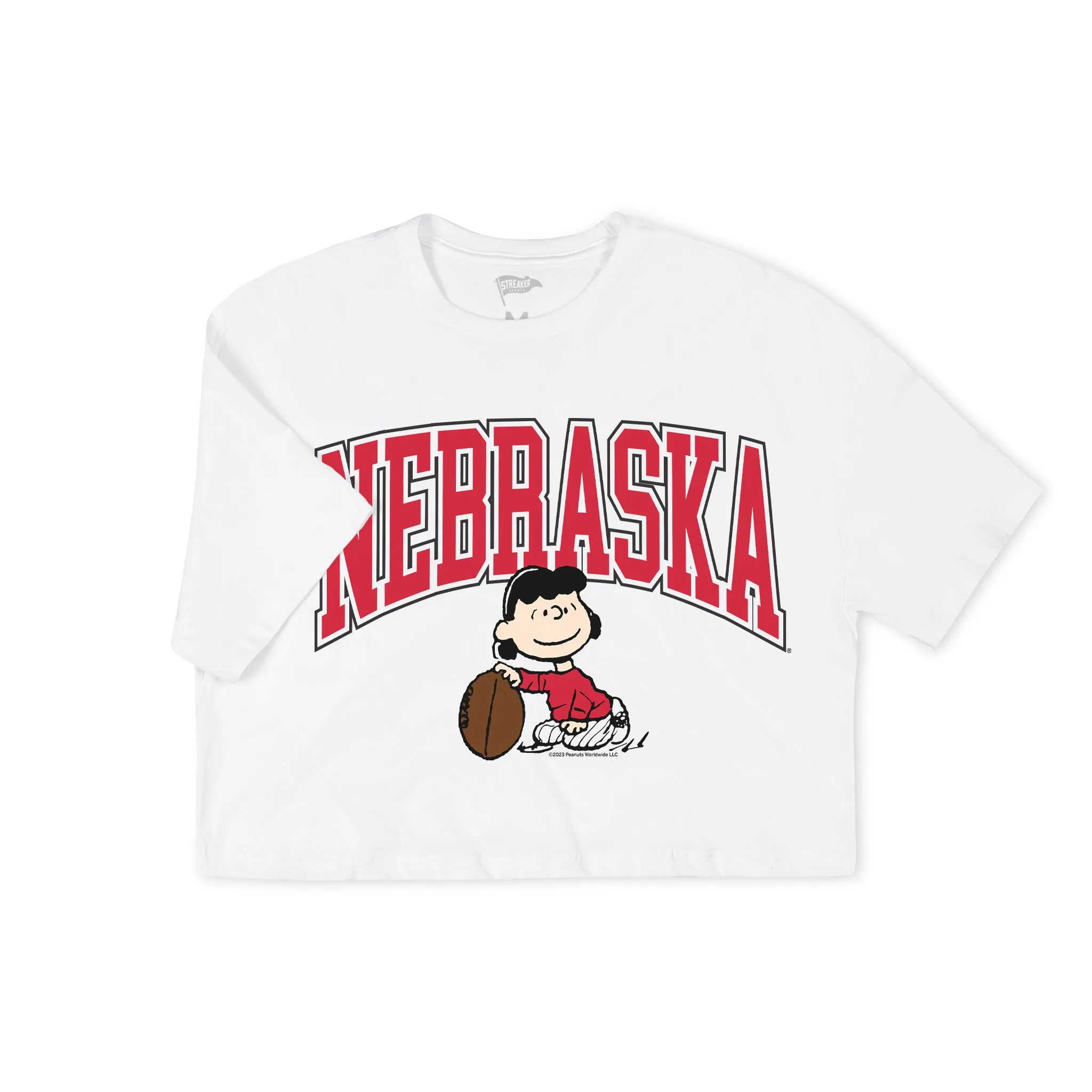 Peanuts x Nebraska Lucy Football Crop Tee sold by Streaker Sports