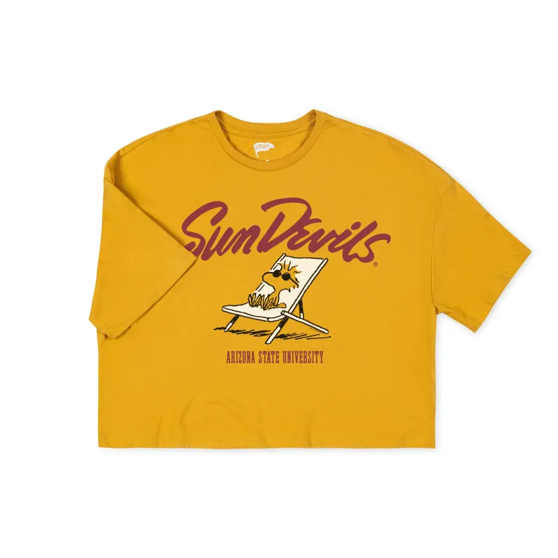 Peanuts x Arizona State Sunbathe Women's Crop Tee sold by Streaker Sports