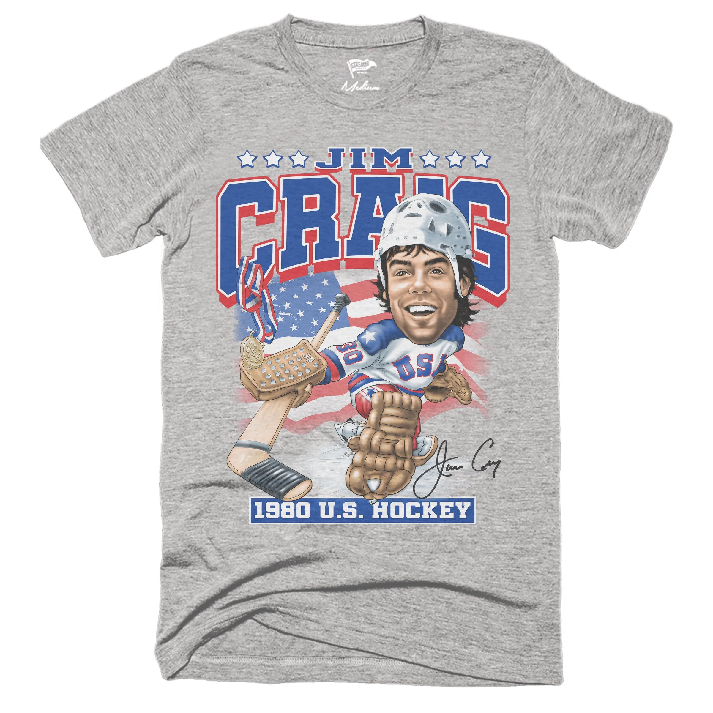 1980 Jim Craig Miracle On Ice™ Caricature Tee sold by Streaker Sports