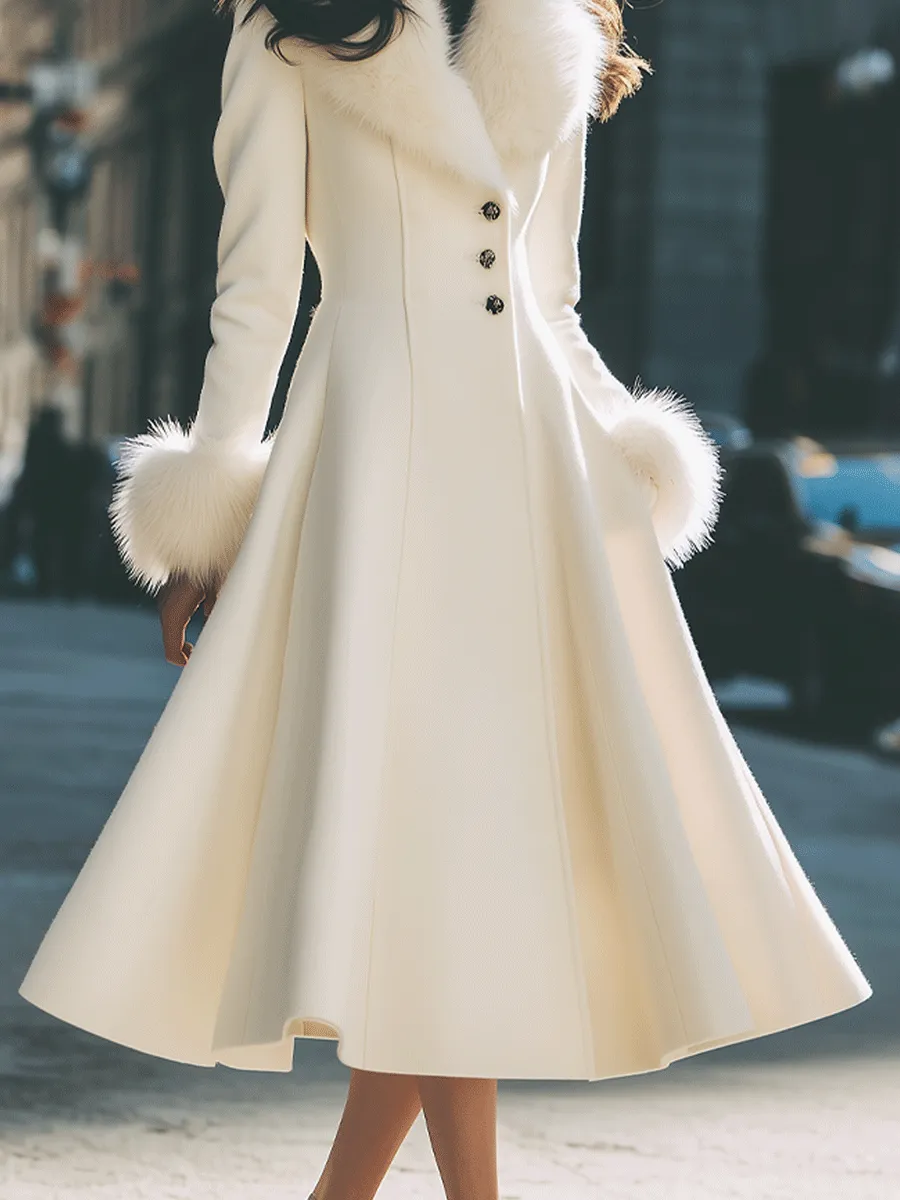 Ivory Flared Coat With Faux Fur Collar And Cuffs sold by Mooyius product image thumbnail 5