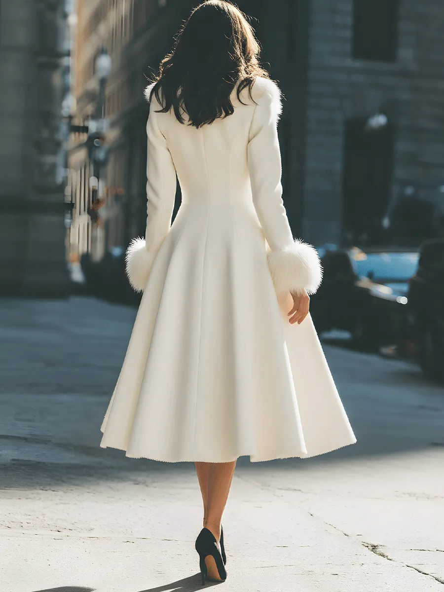 Ivory Flared Coat With Faux Fur Collar And Cuffs sold by Mooyius product image thumbnail 2