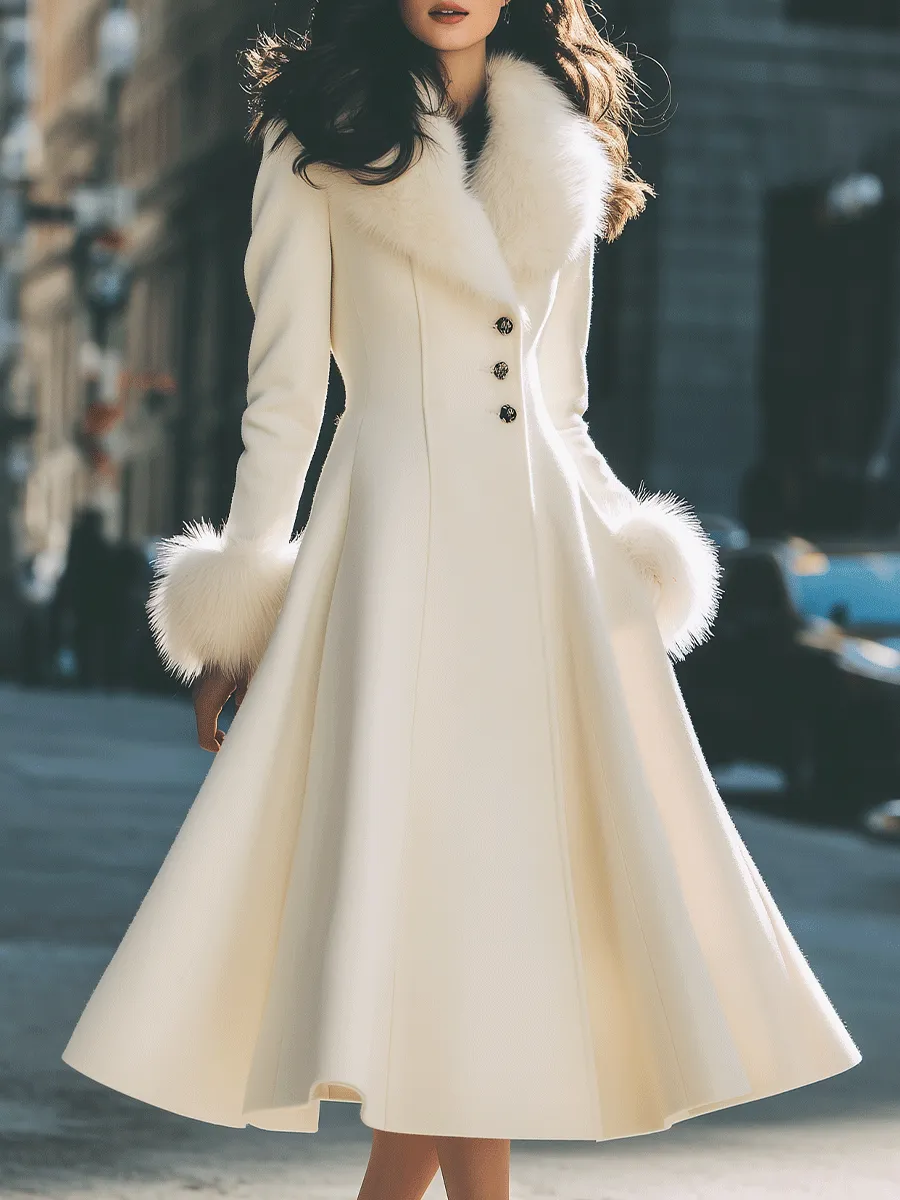 Ivory Flared Coat With Faux Fur Collar And Cuffs sold by Mooyius