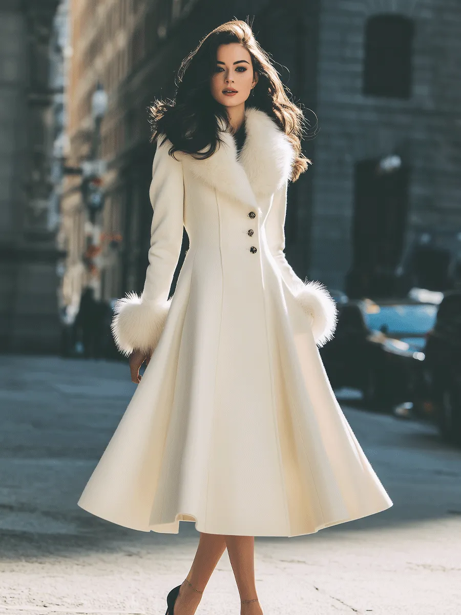 Ivory Flared Coat With Faux Fur Collar And Cuffs sold by Mooyius product image thumbnail 3