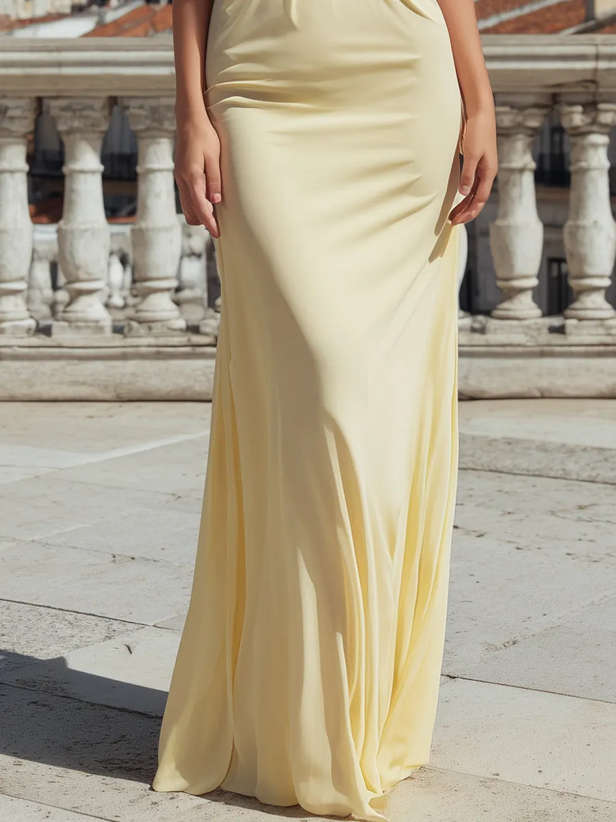 Chic Halter Neck Yellow Maxi Dress With Elegant Draping sold by Mooyius product image thumbnail 4
