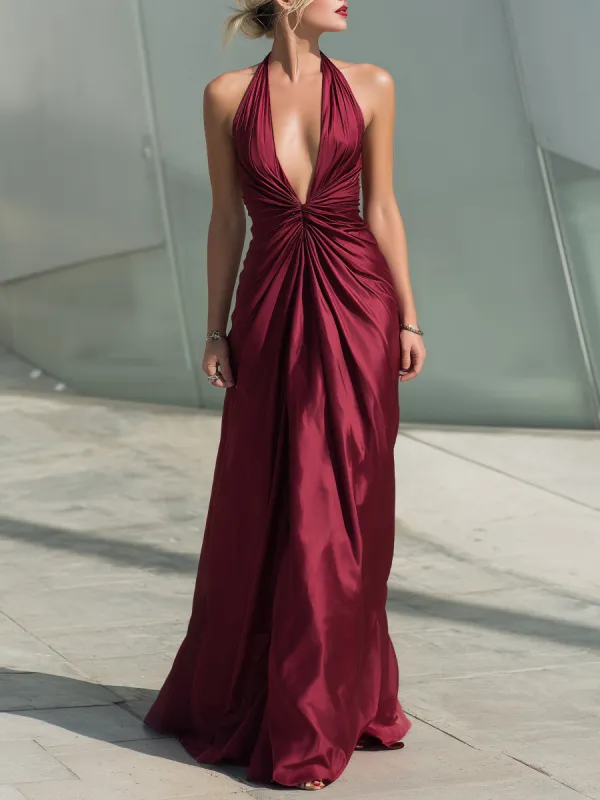 Stunning Halter Neck Burgundy Evening Gown With Elegant Ruched Details sold by Mooyius