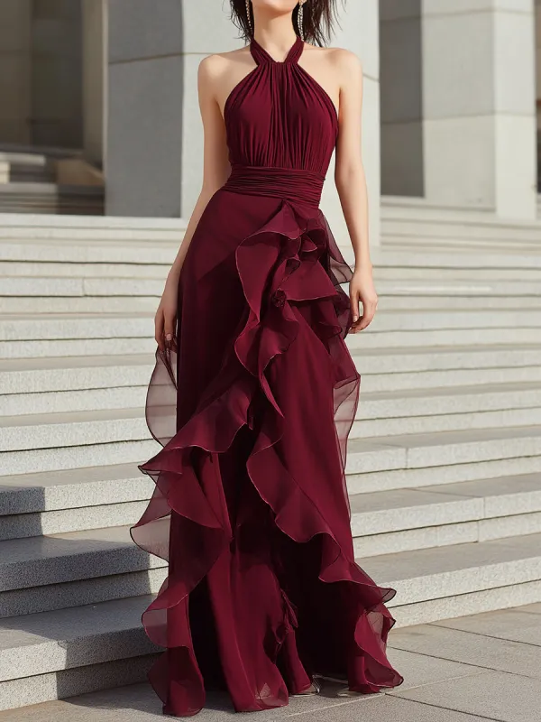 Elegant Halter Neck Evening Gown With Draped Design made by Mooyius