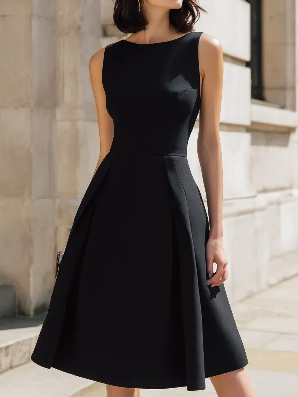 Classic A-Line Black Dress With Pleated Skirt sold by Mooyius