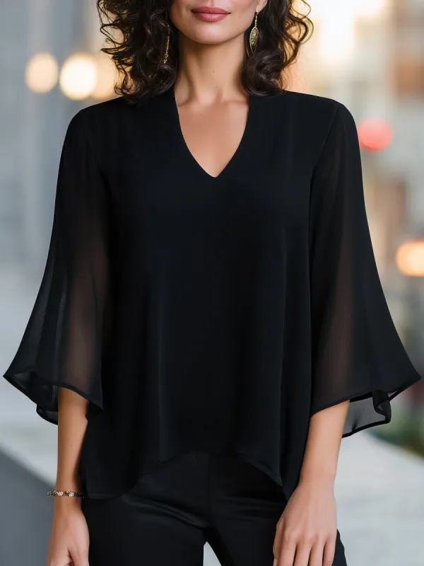 V-Neck Chiffon Cape-Sleeve Blouse made by Mooyius
