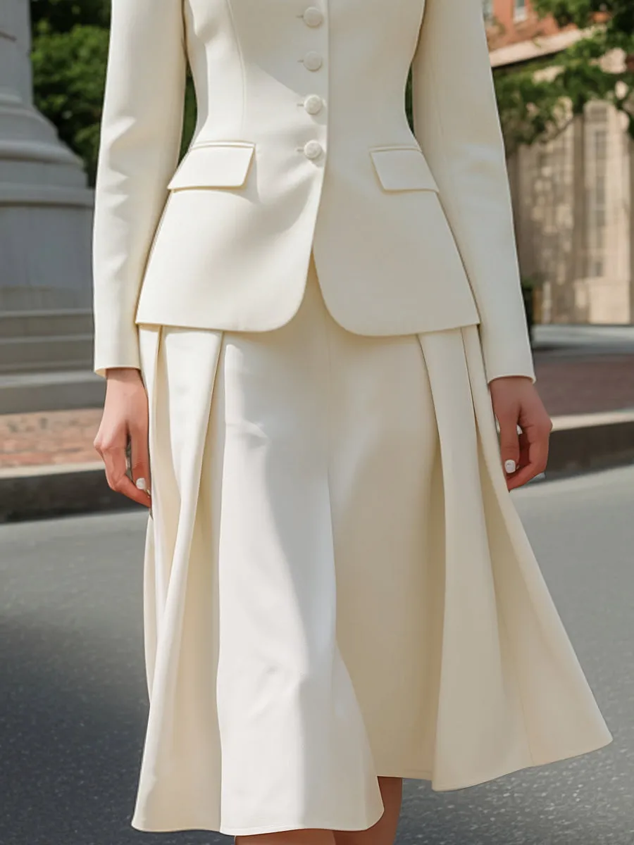 V-Neck Tailored Blazer And Flared Midi Skirt Set sold by Mooyius product image thumbnail 3