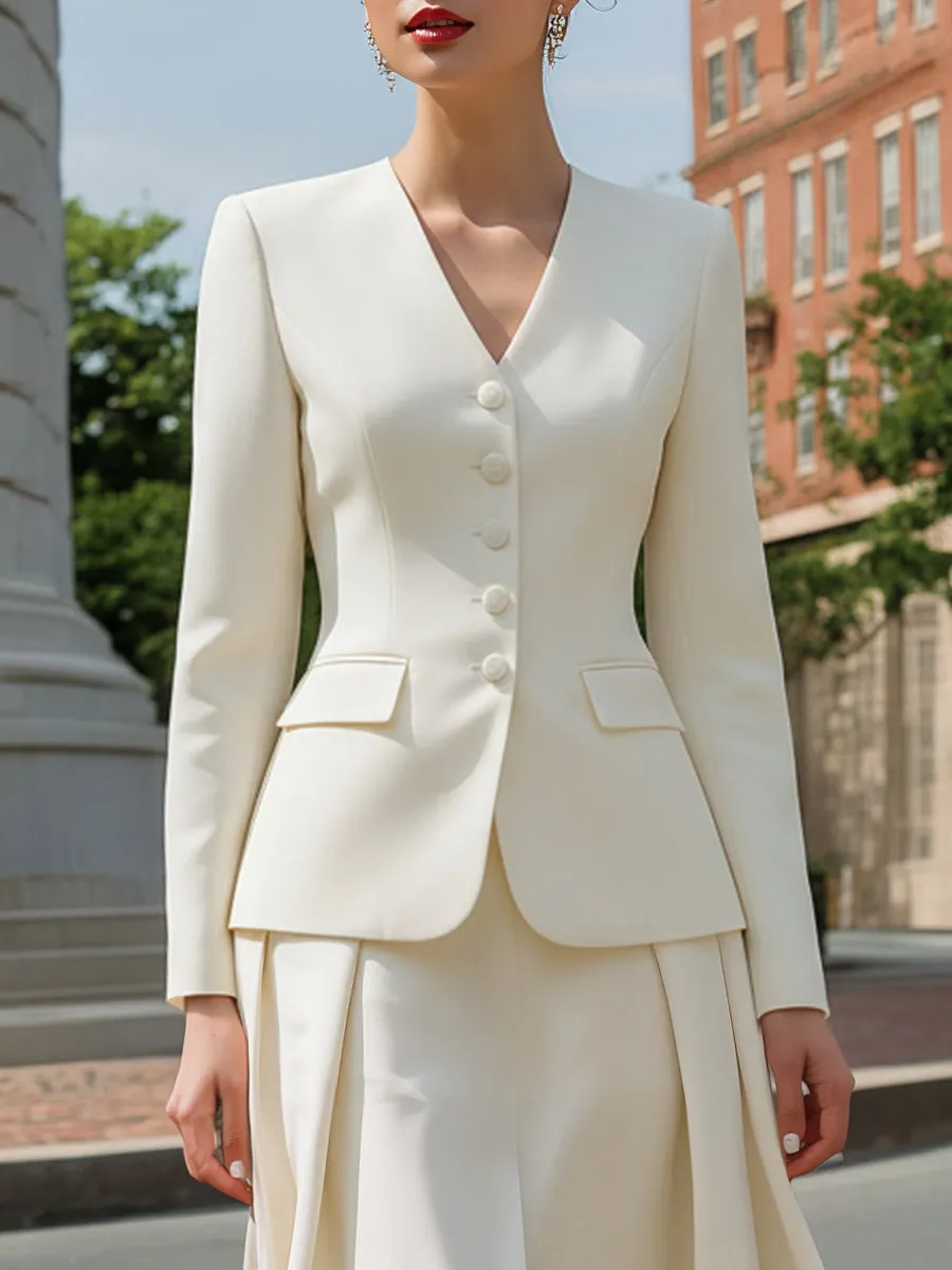 V-Neck Tailored Blazer And Flared Midi Skirt Set sold by Mooyius product image thumbnail 2