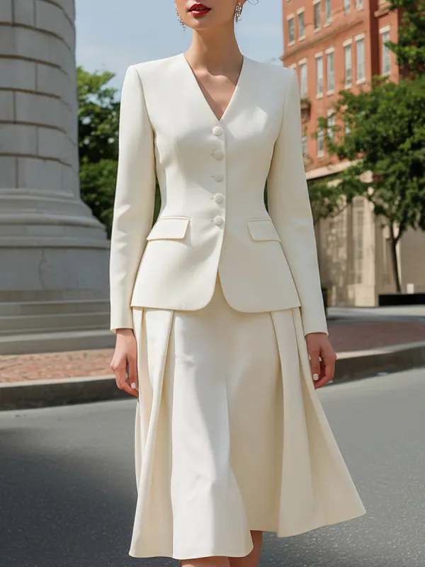 V-Neck Tailored Blazer And Flared Midi Skirt Set sold by Mooyius