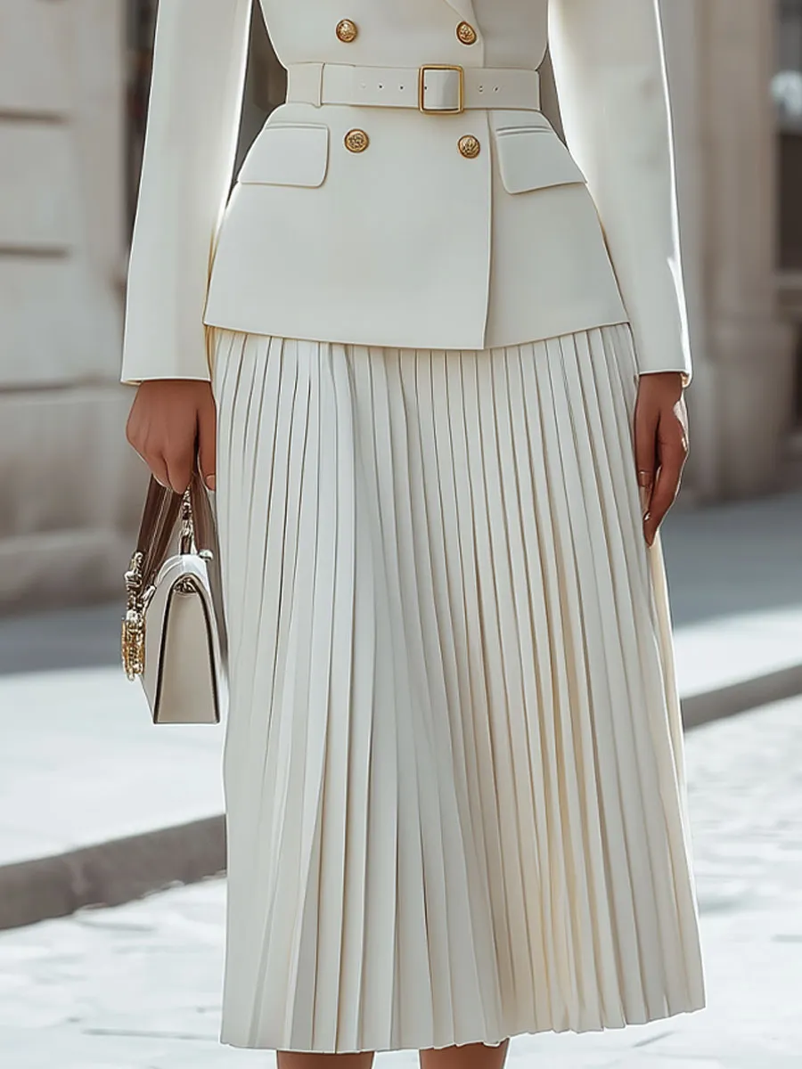 Ivory Double-Breasted Belted Blazer & Pleated Skirt Set sold by Mooyius product image thumbnail 3