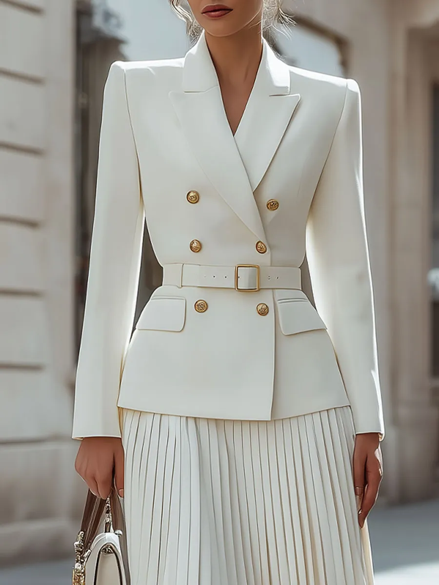 Ivory Double-Breasted Belted Blazer & Pleated Skirt Set sold by Mooyius product image thumbnail 2