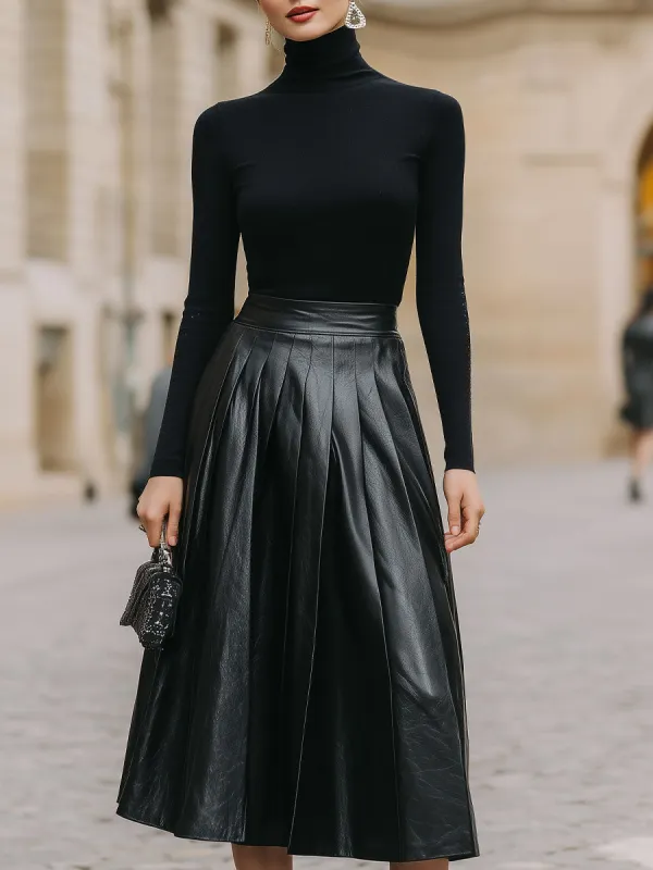 Mooyius Sleek Black Turtleneck & Leather Pleated Skirt Set made by Mooyius