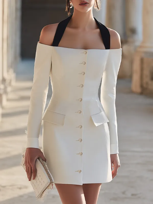 Off-Shoulder Halter-Neck Buttoned Tailored Mini Dress sold by Mooyius