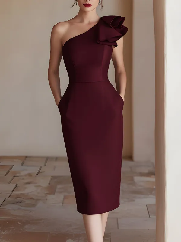 One-Shoulder Sculpted Midi Dress With Floral Detail sold by Mooyius