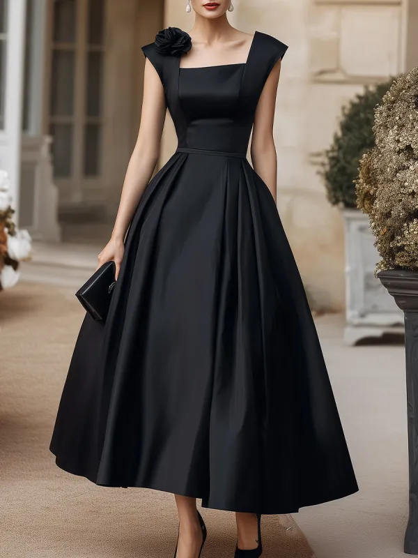 Square Neck Structured Midi Dress With Floral Shoulder Accent sold by Mooyius