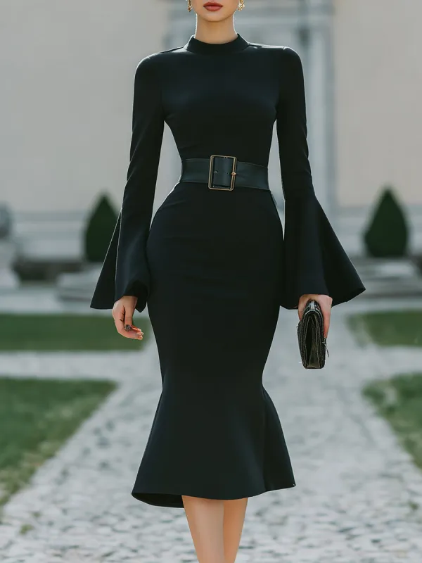 Belted Flared-Sleeve Midi Dress sold by Mooyius