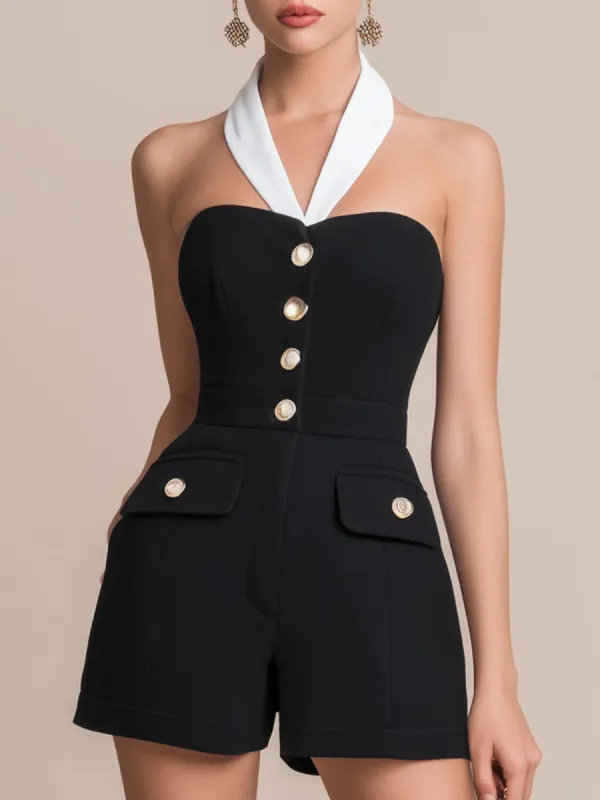 Black Tailored Halter Neck Short Jumpsuit With Contrast White Collar sold by Mooyius