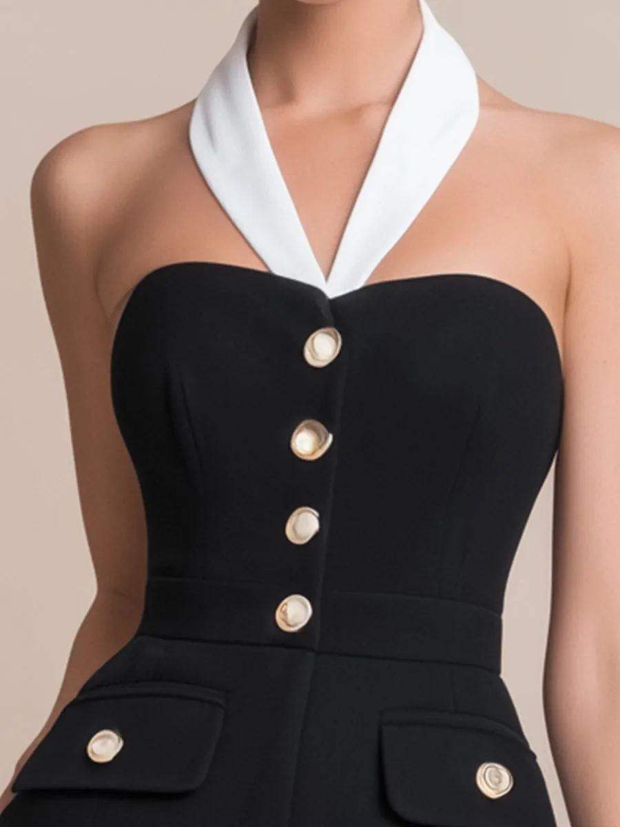 Black Tailored Halter Neck Short Jumpsuit With Contrast White Collar sold by Mooyius product image thumbnail 3