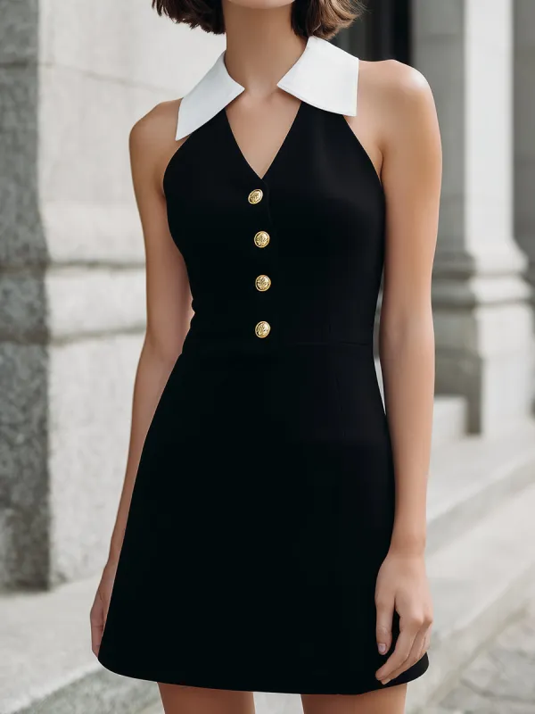 Black Sleeveless Halter Mini Dress With White Collar Detail sold by Mooyius