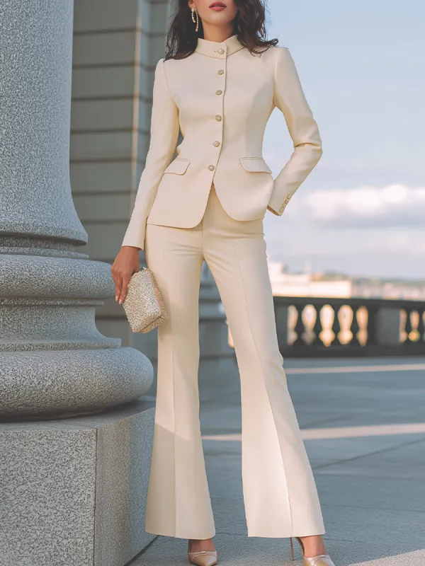 Stand Collar Tailored Blazer And Flared Trousers Set sold by Mooyius