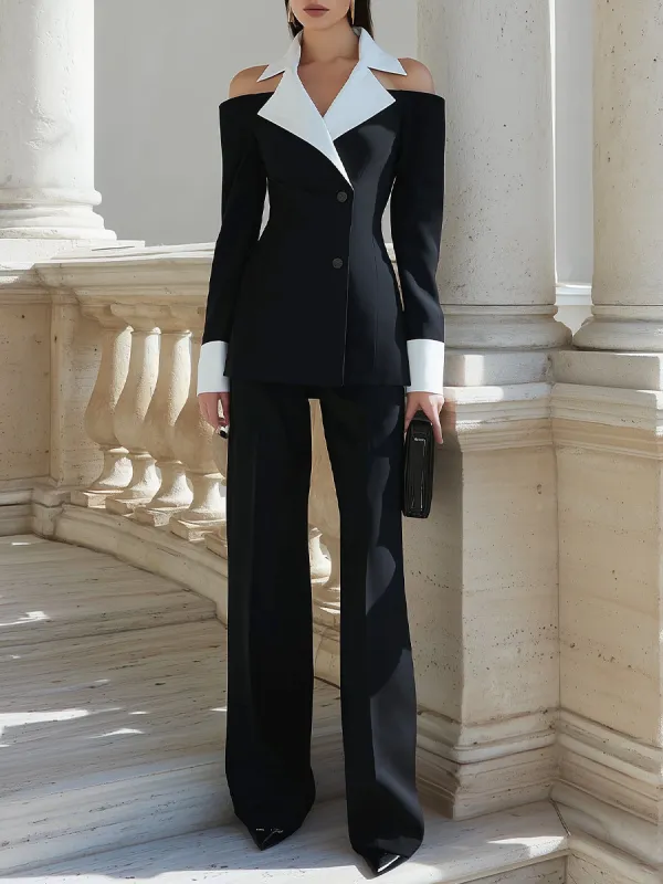 Off-Shoulder Contrast-Collar Tailored Blazer And Straight-Leg Trousers Set made by Mooyius