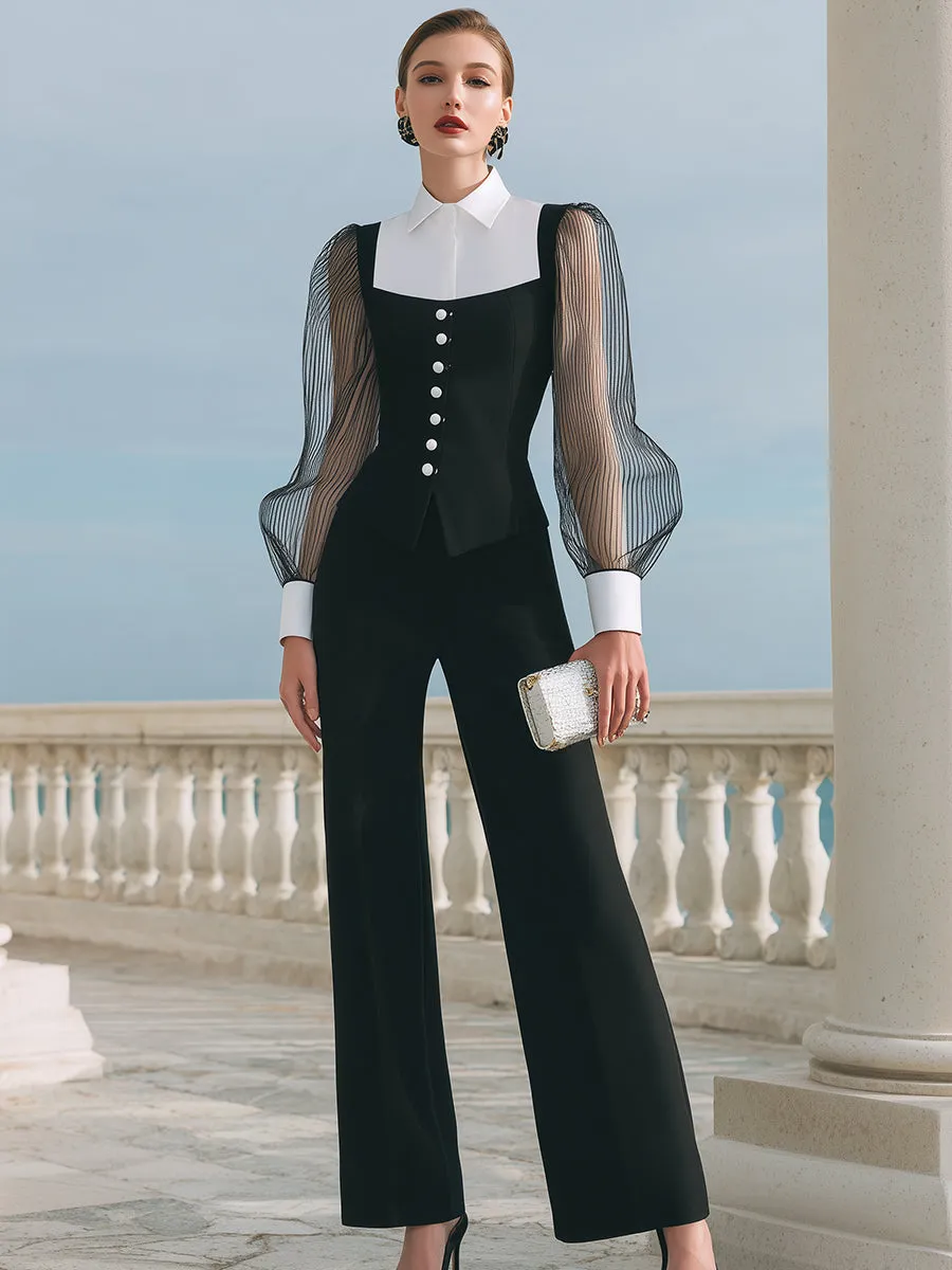 Contrast-Collar Buttoned Vest And Wide-Leg Trousers Set sold by Mooyius product image thumbnail 2
