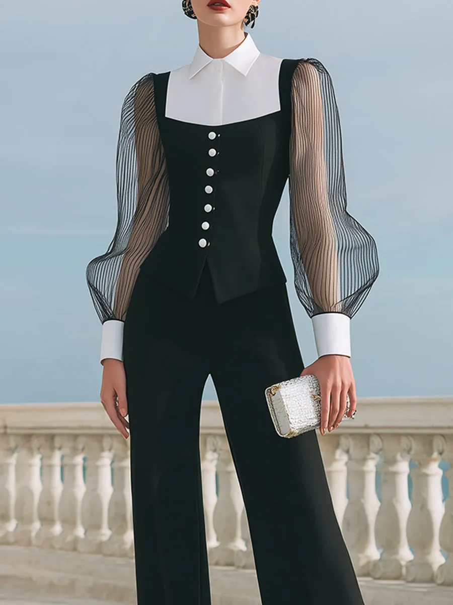 Contrast-Collar Buttoned Vest And Wide-Leg Trousers Set sold by Mooyius product image thumbnail 3