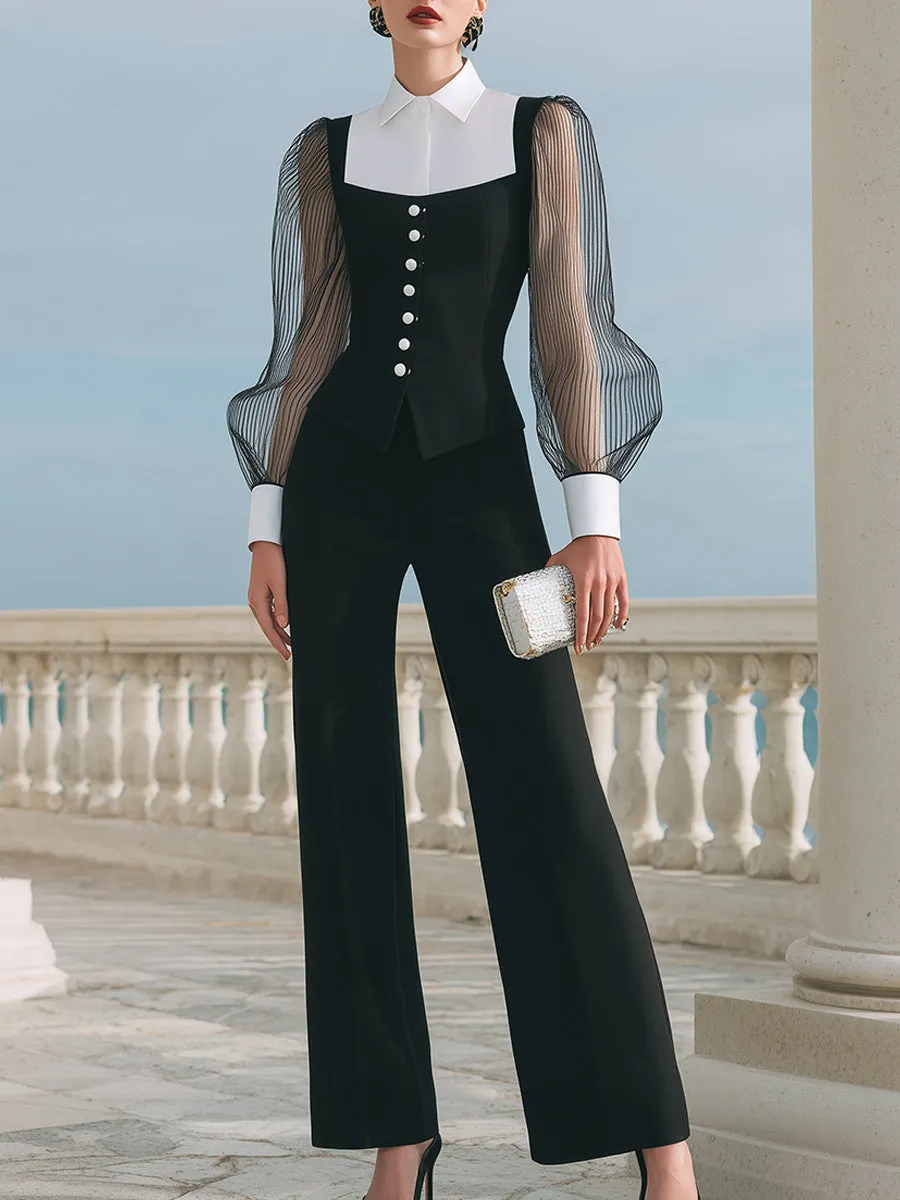 Contrast-Collar Buttoned Vest And Wide-Leg Trousers Set sold by Mooyius