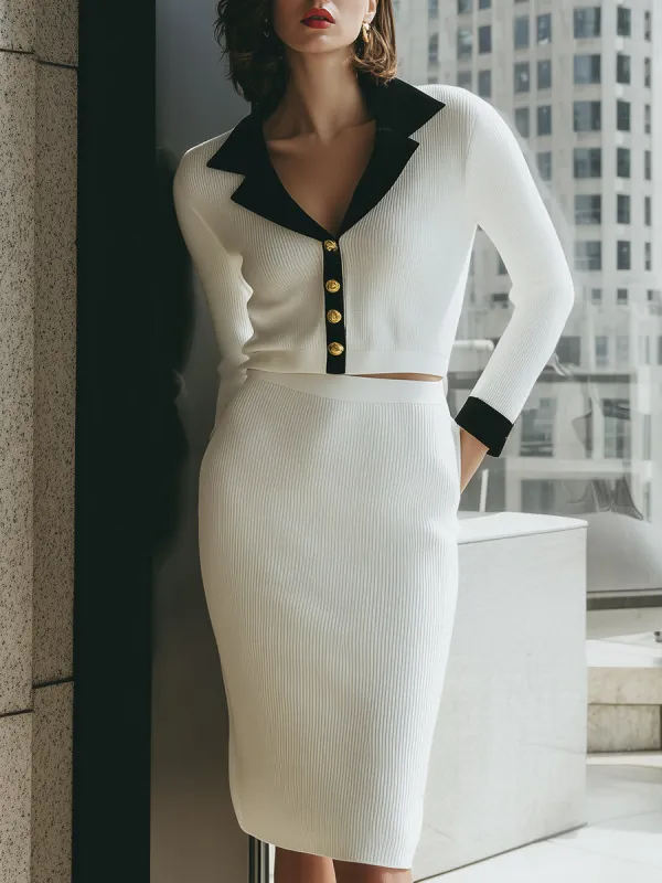 Contrast Collar Knit Top & Midi Skirt Elegant Two-Piece Set sold by Mooyius