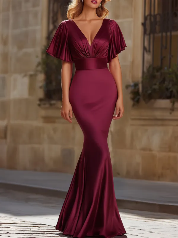 Satin Flutter Sleeve Mermaid Evening Dress sold by Mooyius