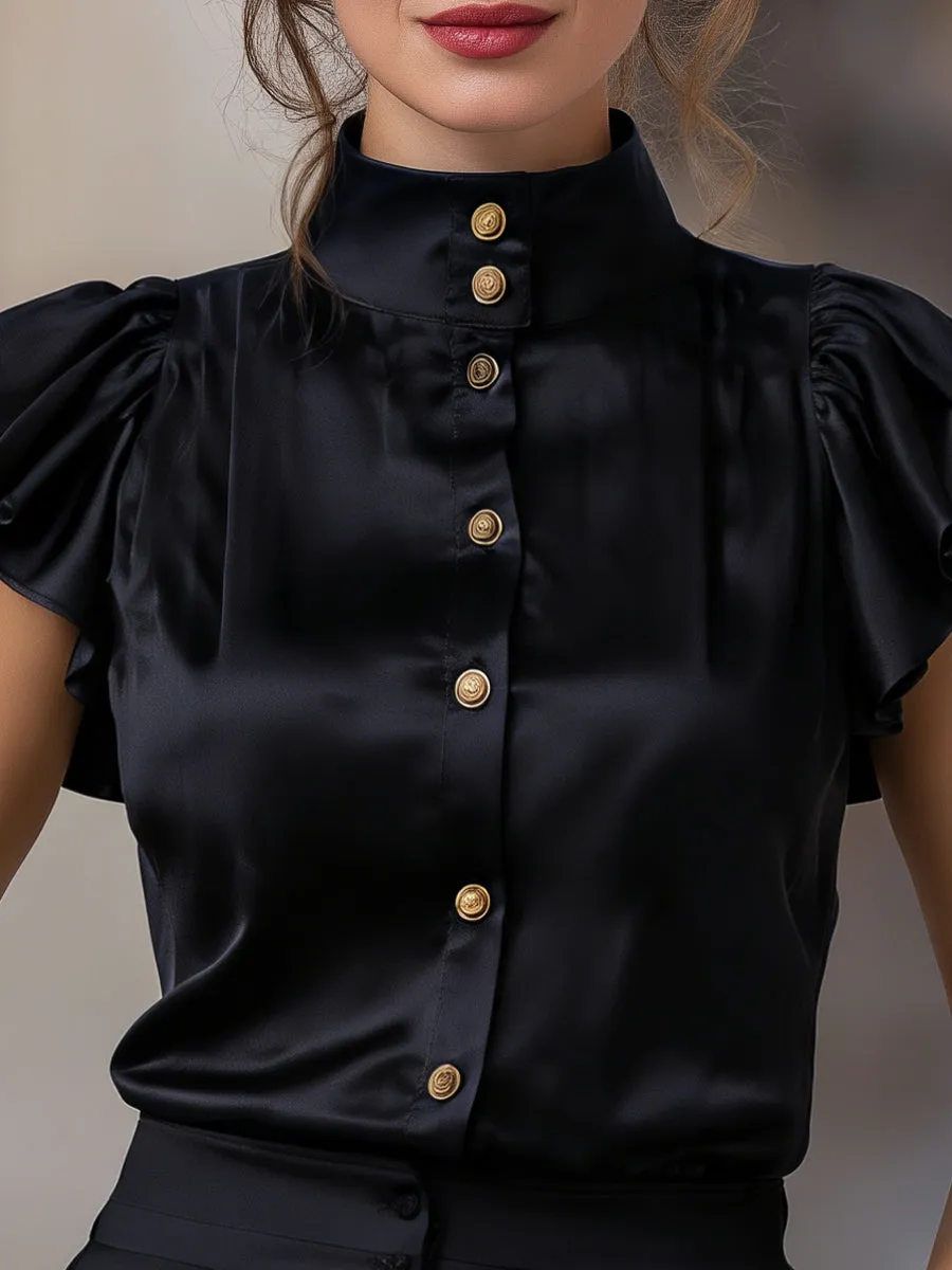Satin High-Neck Flutter Sleeve Blouse With Gold Buttons sold by Mooyius product image thumbnail 3