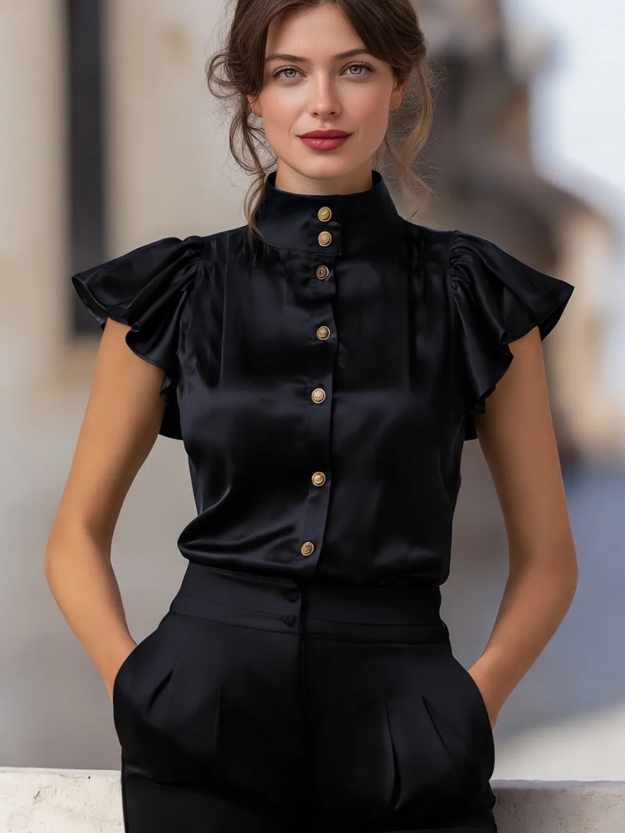 Satin High-Neck Flutter Sleeve Blouse With Gold Buttons sold by Mooyius product image thumbnail 2