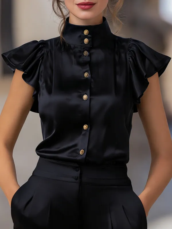 Satin High-Neck Flutter Sleeve Blouse With Gold Buttons sold by Mooyius