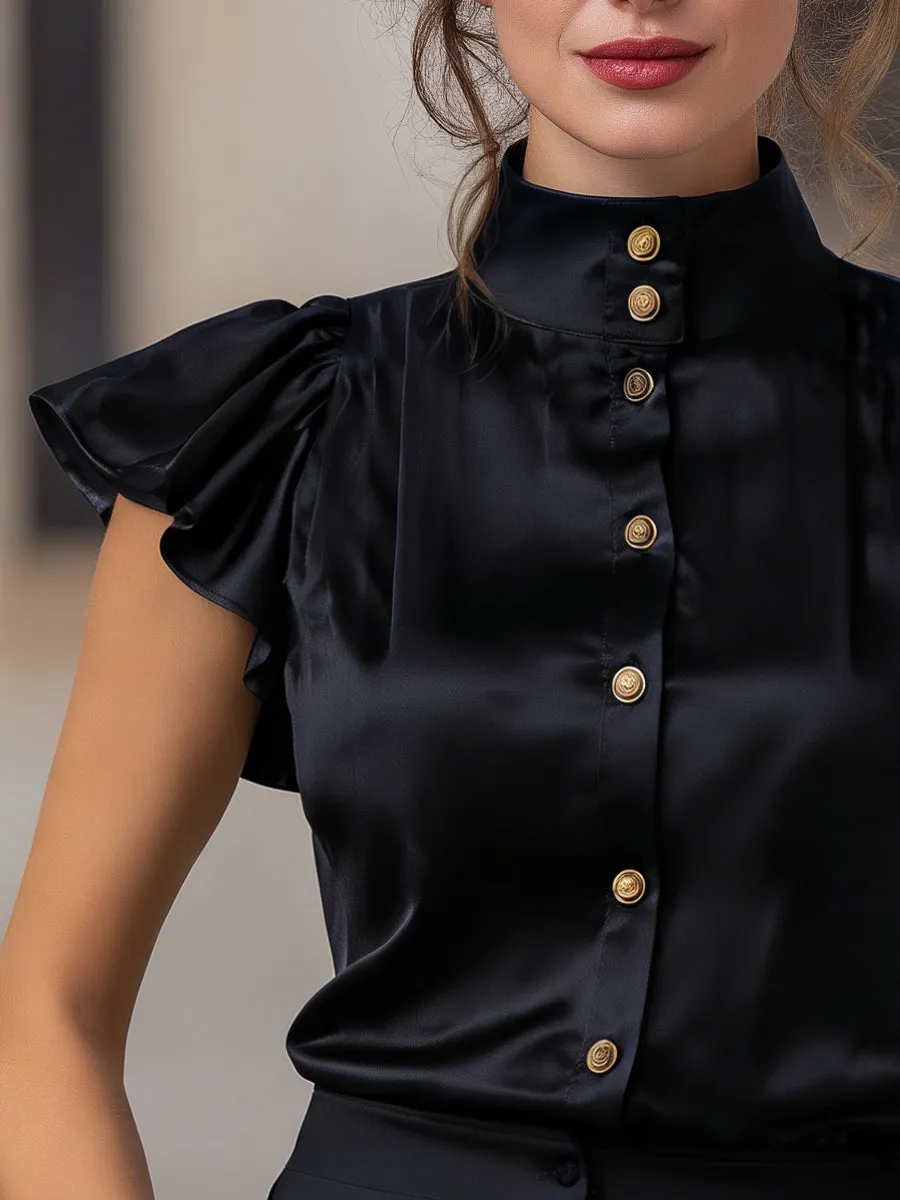 Satin High-Neck Flutter Sleeve Blouse With Gold Buttons sold by Mooyius product image thumbnail 4