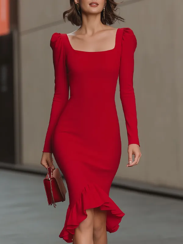 Red Square-Neck Puff-Sleeve Bodycon Midi Dress made by Mooyius