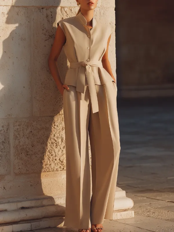 Belted Sleeveless Tailored Vest And Wide-Leg Pants Set sold by Mooyius