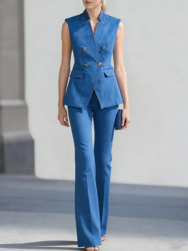 Cobalt Blue Sleeveless Double-Breasted Waistcoat & Flared Pants Set sold by Mooyius