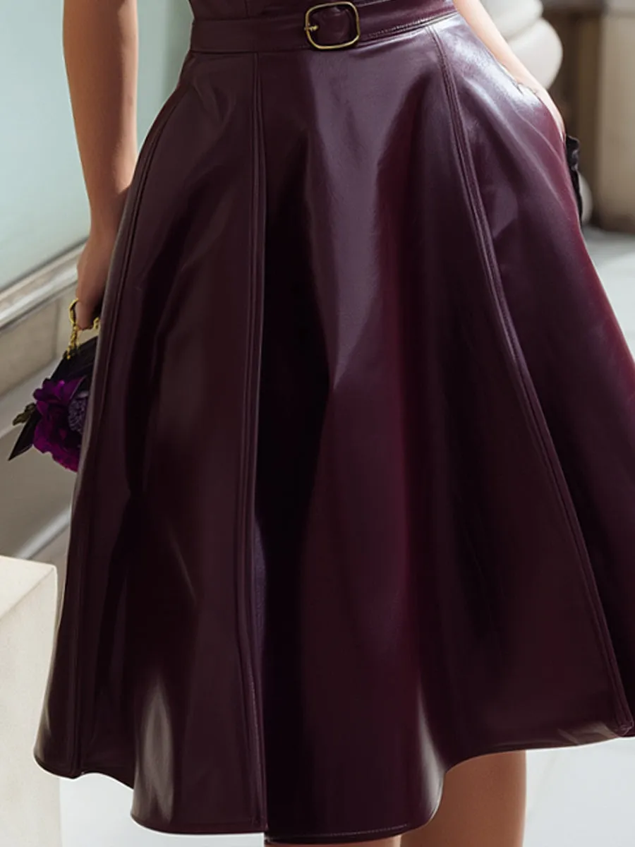 White Button-Up Shirt Dress With Wine-Red Leather Suspender Overlay sold by Mooyius product image thumbnail 4