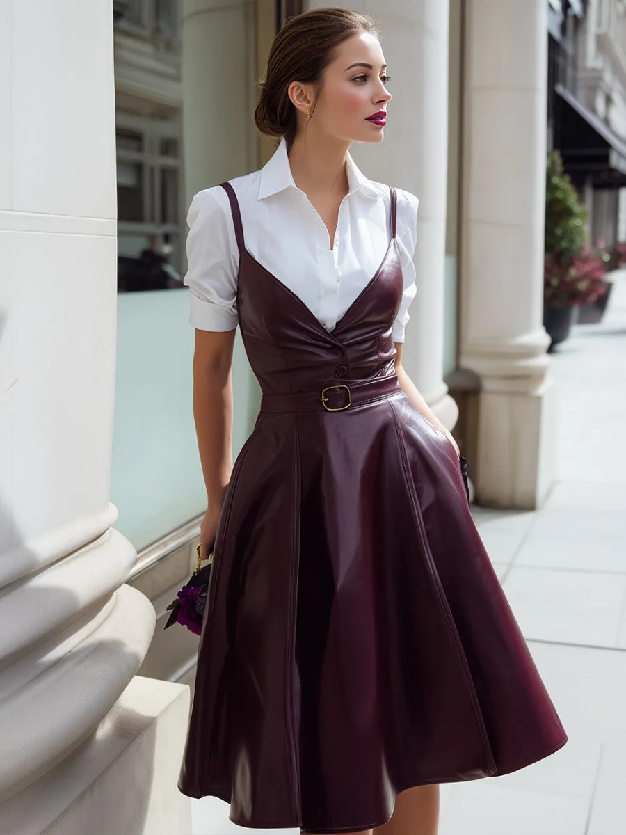 White Button-Up Shirt Dress With Wine-Red Leather Suspender Overlay sold by Mooyius product image thumbnail 2