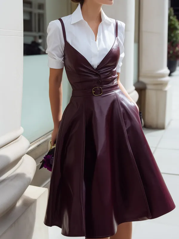 White Button-Up Shirt Dress With Wine-Red Leather Suspender Overlay sold by Mooyius