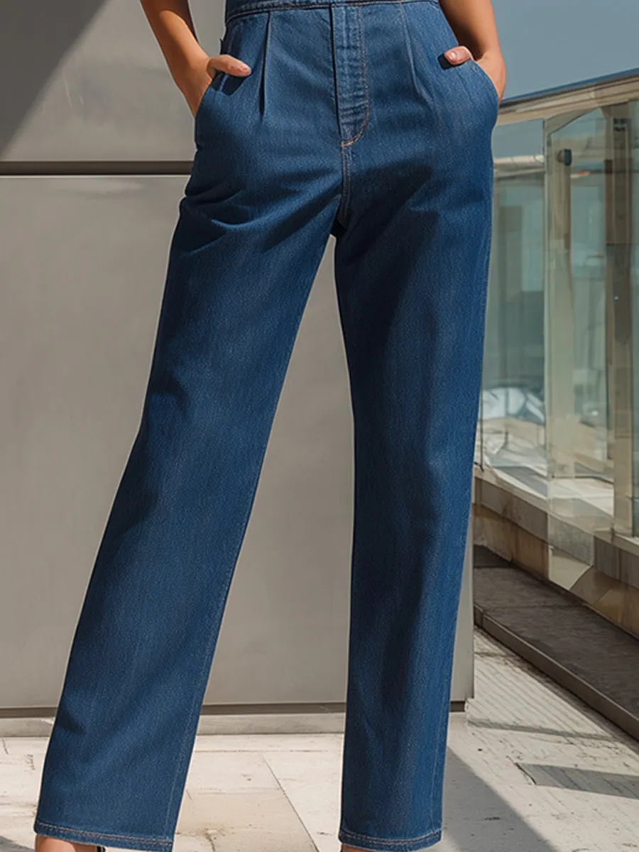 Sleeveless Halter Neck Denim Wide-Leg Jumpsuit sold by Mooyius product image thumbnail 3