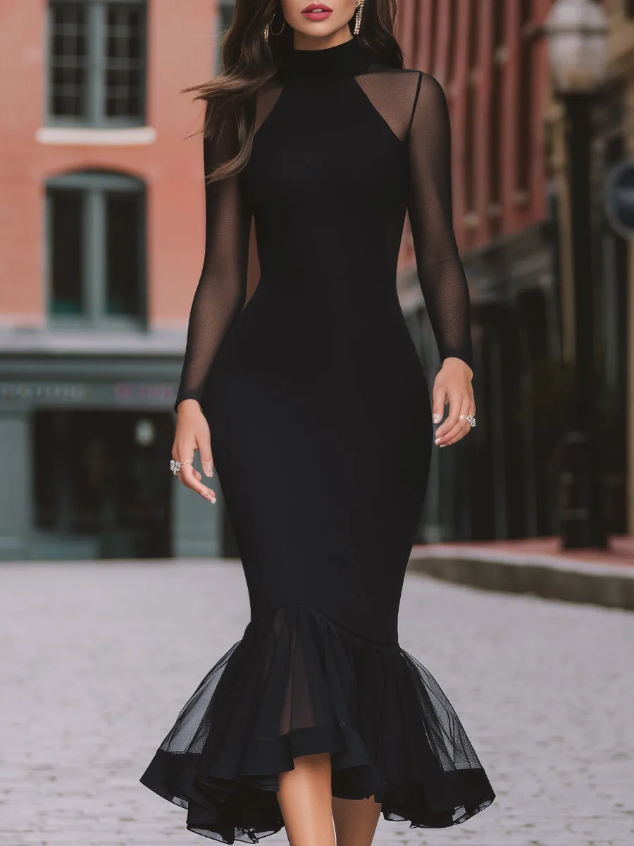 Sheer-Sleeve Mermaid Midi Dress With Ruffled Hem sold by Mooyius
