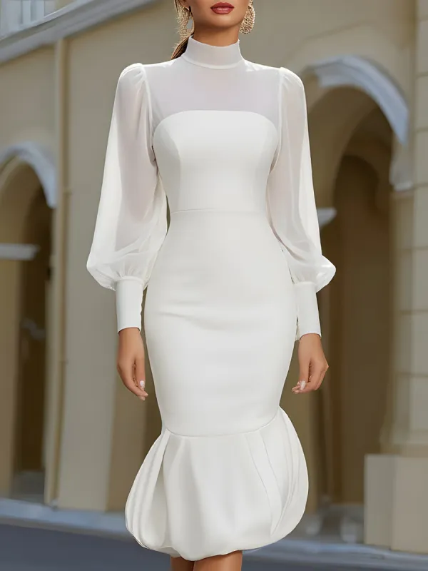 High-Neck Sheer Sleeve Bubble-Hem Midi Dress sold by Mooyius