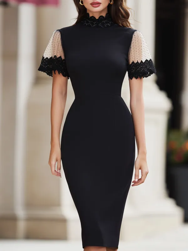 High-Neck Lace Trim Midi Dress With Sheer Short Sleeves sold by Mooyius