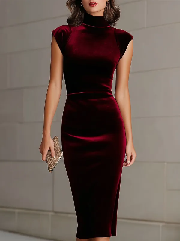 Burgundy Velvet Turtleneck Sheath Dress sold by Mooyius