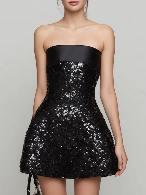 Strapless Satin-Trim Sequin A-Line Mini Dress sold by Mooyius
