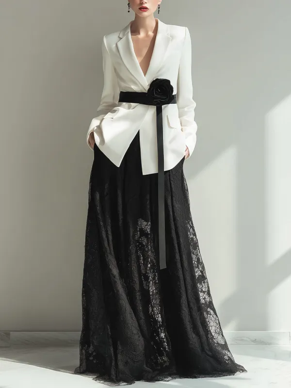 Elegant Two-Piece Tailored Blazer & Lace Maxi Skirt Set sold by Mooyius